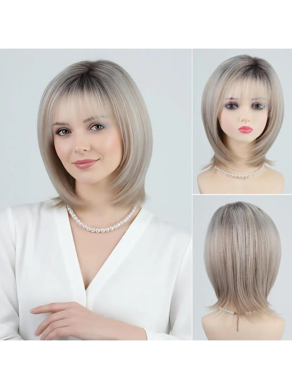 Women's Mix Blonde 12 Inch Mid Length Heat Synthetic Straight Layered Bob Wigs